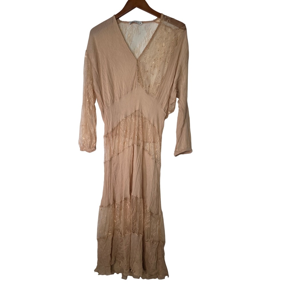 ZARA Women's Beige sheer Lace Trim V-Neck Maxi Dress M